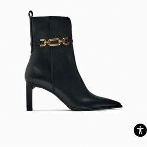 Zara- 3.9" High Heeled Leather Ankle Bootie with Gold Metal Detail. Size 8
